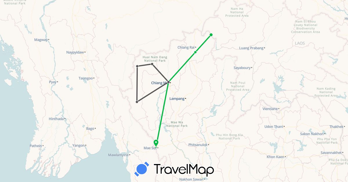TravelMap itinerary: driving, bus, motorbike in Laos, Thailand (Asia)