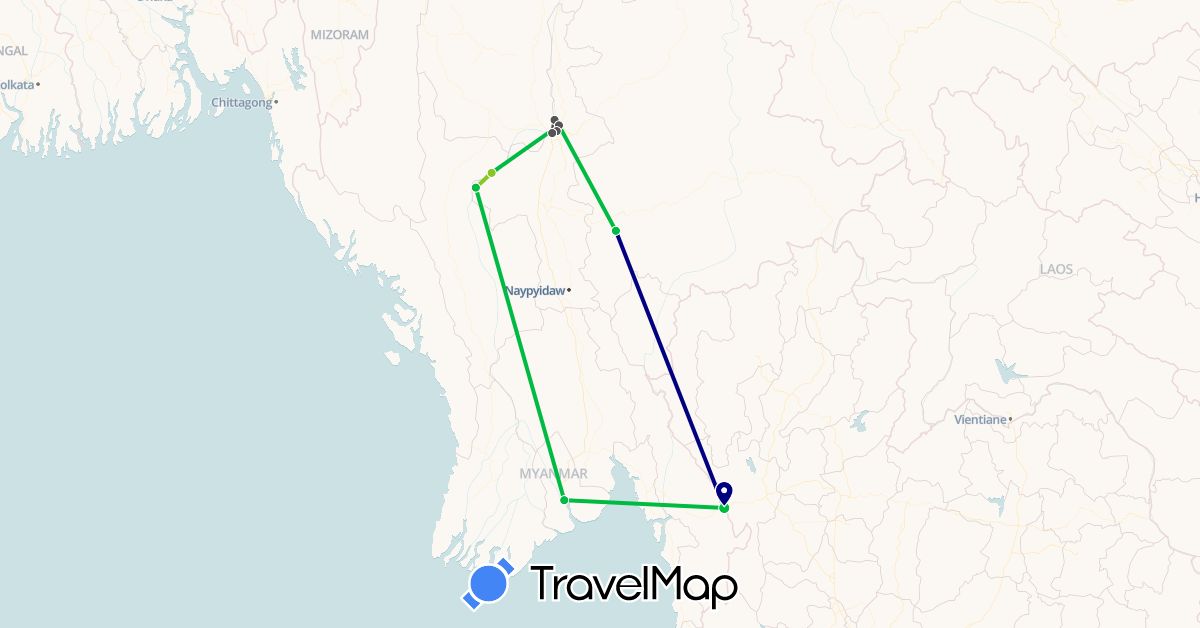 TravelMap itinerary: driving, bus, motorbike, electric vehicle in Myanmar (Burma) (Asia)